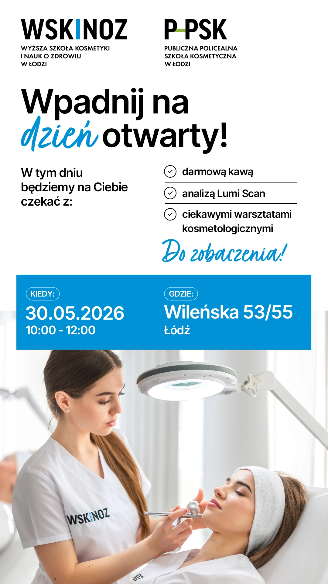 Grafika dotycząca dnia otwartego w Wyższej Szkole Kosmetyki i Nauk o Zdrowiu w Łodzi